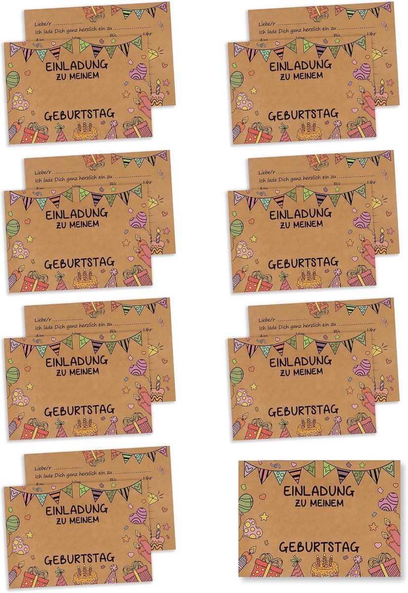 Uitnodigingskaarten kinderverjaardag 15 stuks - kraftpapier - handontwerp - feestelijke uitnodigingen - ShopVlot