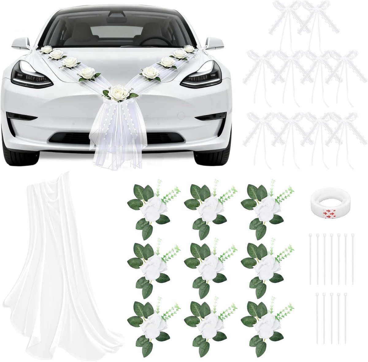 Autodecoratie bruiloft - complete set met rozen en strikken - stijlvolle versiering voor bruiloftsauto - ShopVlot
