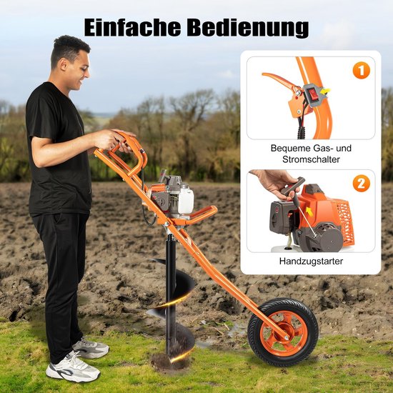 Benzine Grondboor - Paalboor Machine - Gaten Boren Tuin - Inclusief 30cm Boor - 63CC Motor - Oranje — afbeelding 3