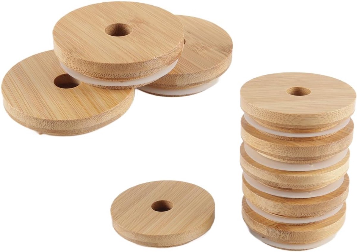 Houten deksels voor rietjes 6 stuks - Herbruikbaar 7 cm - Luchtdicht met siliconenring - Ideaal voor drinkglazen - ShopVlot