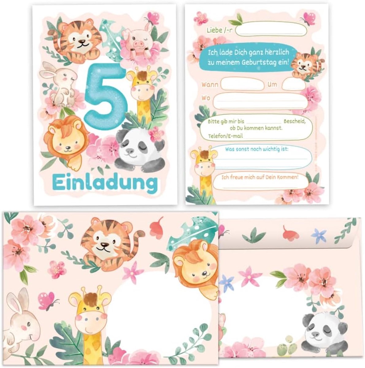 Uitnodigingskaarten 12 stuks - dieren thema - inclusief 12 enveloppen - voor 5e verjaardag - ShopVlot