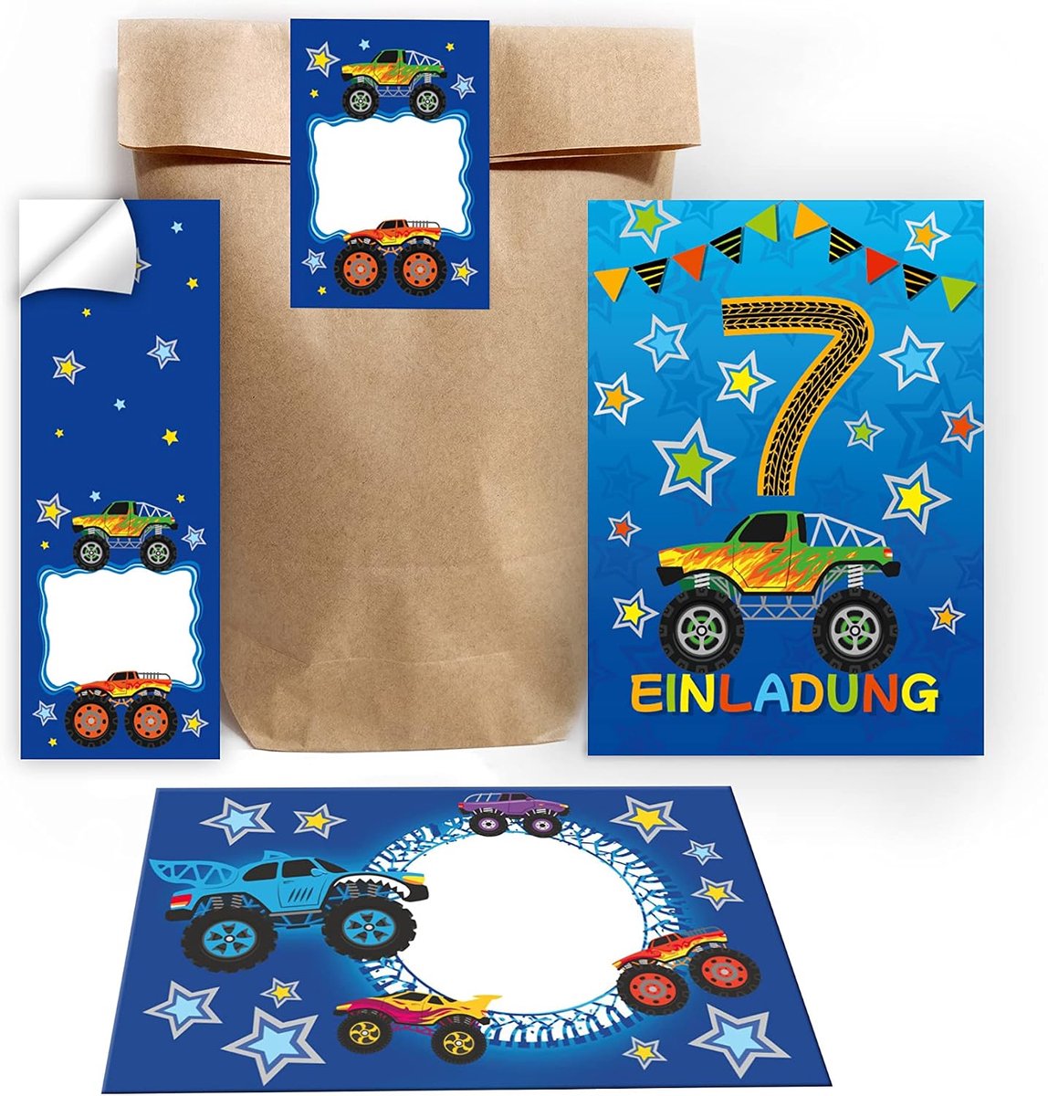 Uitnodigingskaarten 7e verjaardag jongens monstertruck - 12 kaarten met enveloppen - inclusief stickers en tasjes - ShopVlot