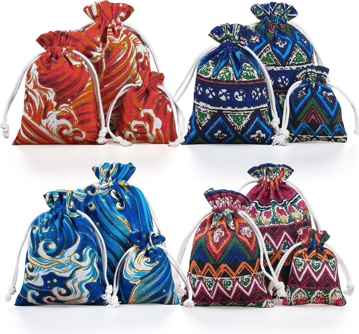 Linnen tassen met trekkoord 12 stuks - Etnische golfpatronen - Bohemian stijl - Perfect voor sieraden en geschenken - ShopVlot