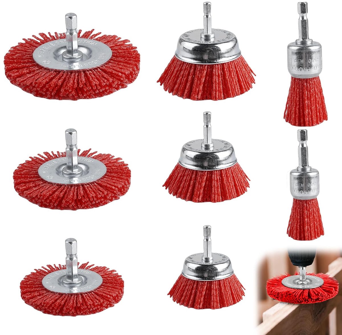 Nylon borstelset 8-delig - 1/4 inch hex schacht - voor verwijderen van roest en slijpen - ShopVlot