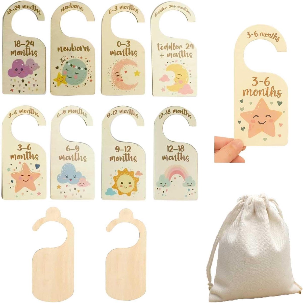Kledingmaat scheiders babykleding - Houten maat tags - 10 stuks met opbergzak - Organiseer babykleding - ShopVlot