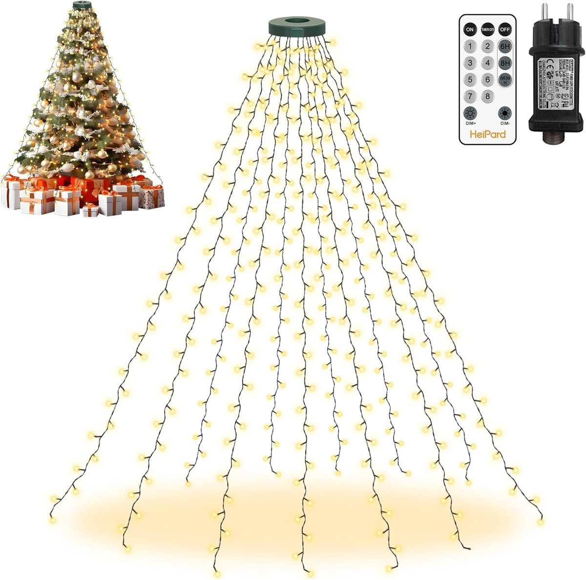 HeiPard Christmas tree lights with ring 3m 360 LEDs 12 strands timer 8 modes waterproof indoor outdoor Christmas - ShopVlot