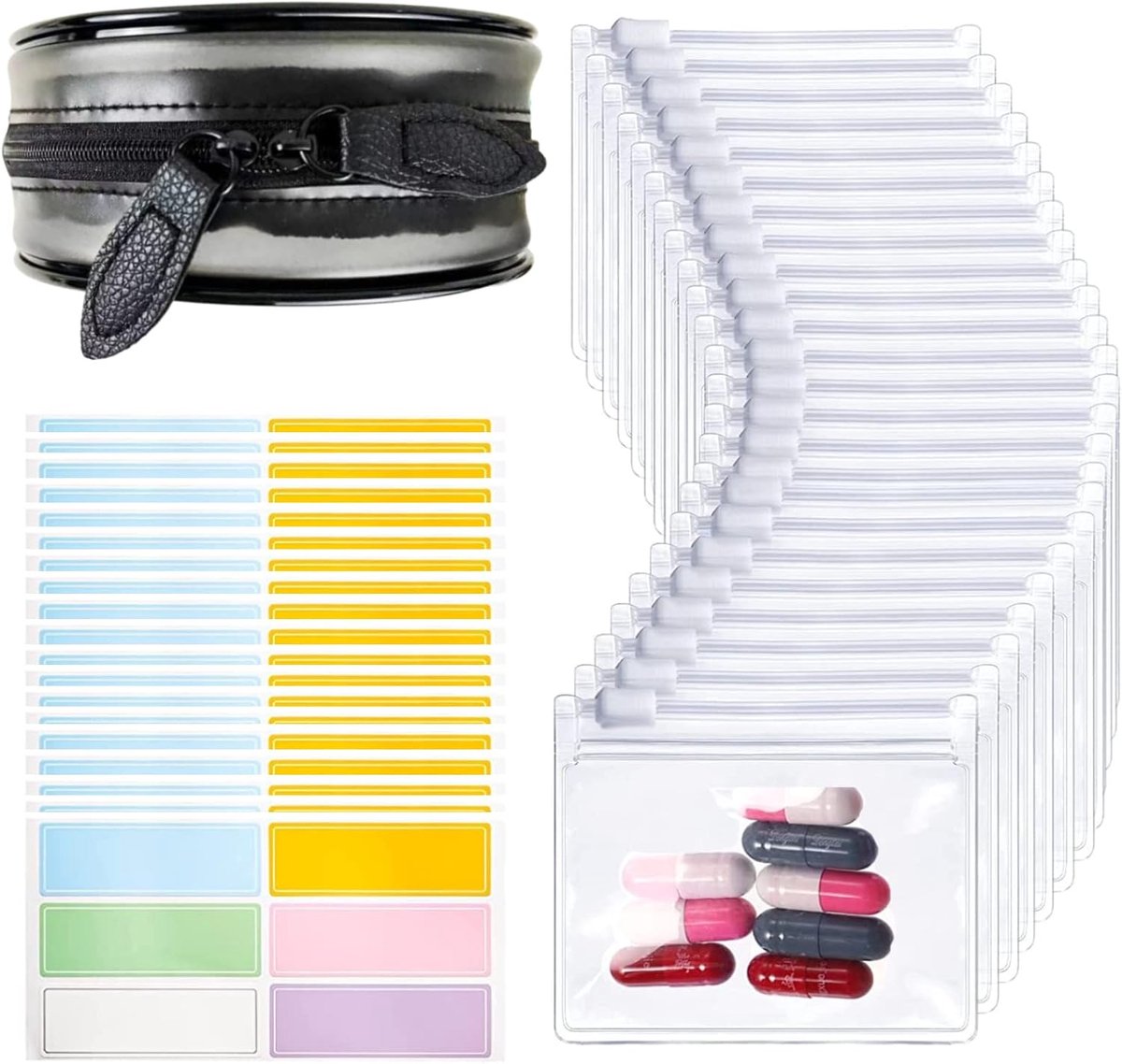Transparent Pill Pouches with Zipper, 24 Pcs Reusable Pill Bags with 120 Pcs Label Stickers, Self Closing Travel - ShopVlot