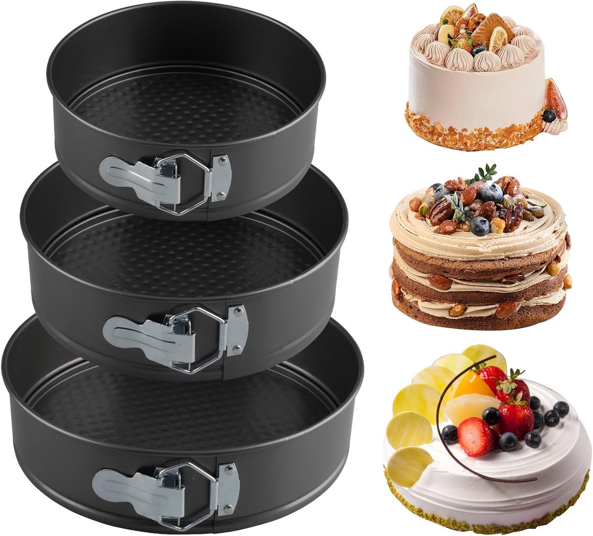 3 Pieces Round Springpan Set 7.9/8.7/24 cm Non-Stick Baking Mould with Flat Bottom Carbon Steel Removable for Baking - ShopVlot