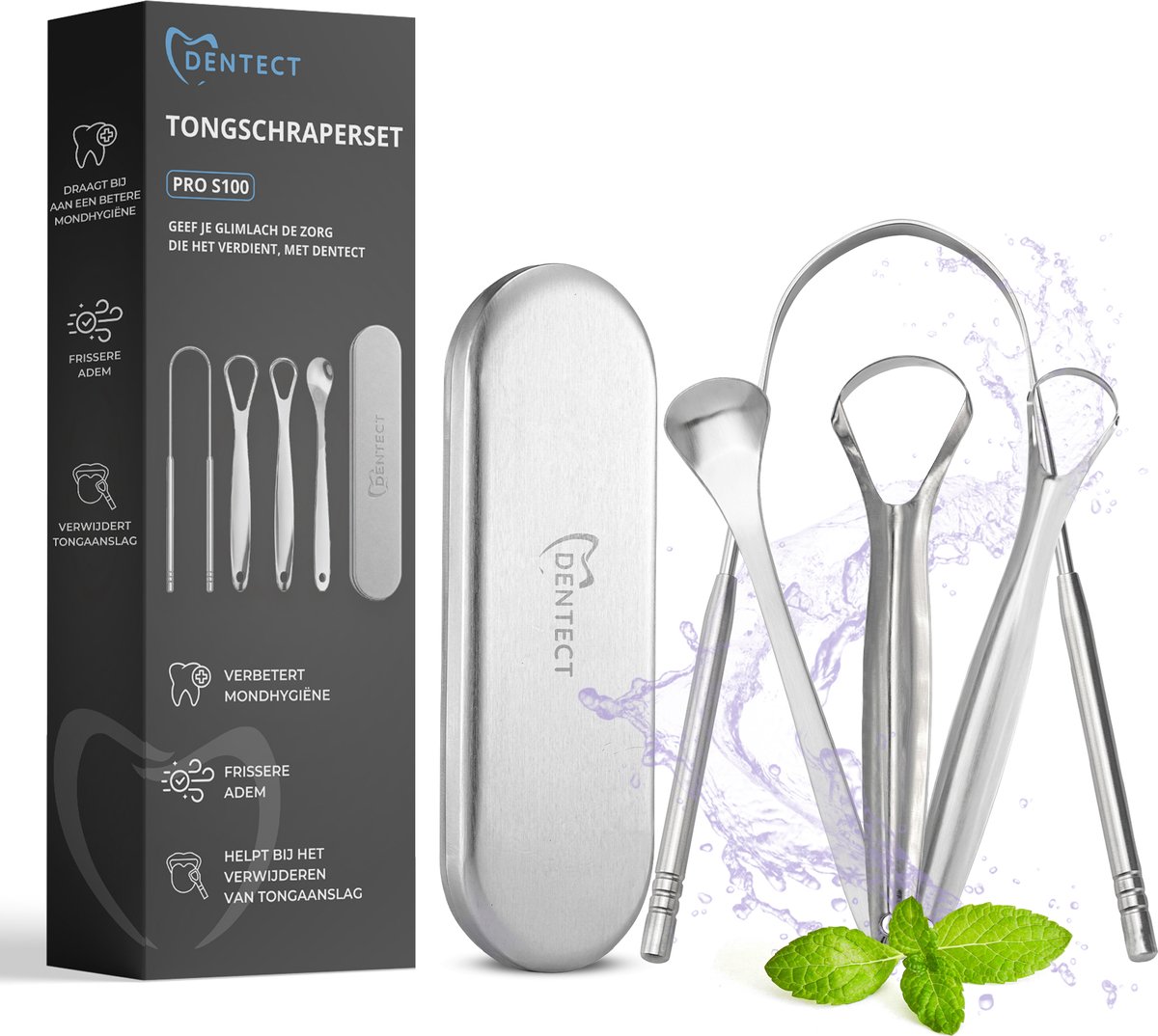 Dentect Tongschraper Set – 3 RVS Tongschrapers – Tegen Tongoanslag & voor een Frissere Adem – Inclusief Opbergdoos