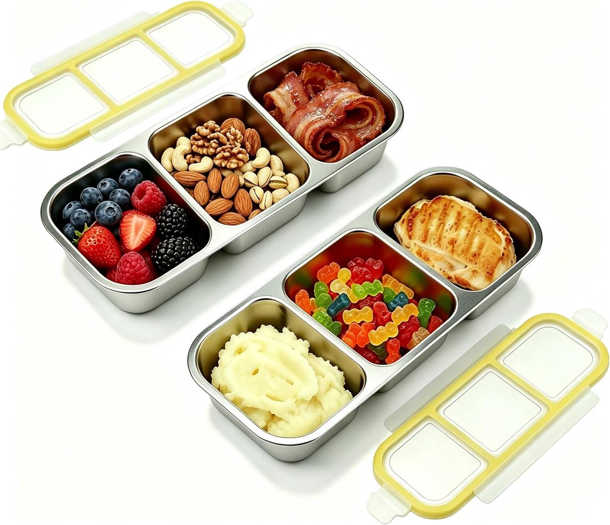 Snackbox met 3 vakken, roestvrij staal, lekvrije levensmiddelen, snackbox - ShopVlot