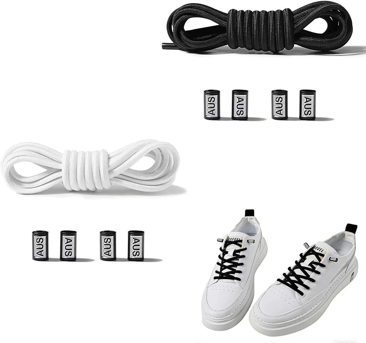2 Pairs of Elastic Shoelaces, Flat No-Tie Shoelaces, 7 mm, Black and White, for Adults and Children, Easy to Install - ShopVlot