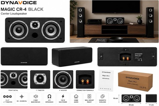 Dynavoice Magic CR-4 Black Matt - Passive Center Speaker 2-Way, 2x4" Woofer + 1" Tweeter, Only 11cm Deep, Front Bass - ShopVlot — afbeelding 5