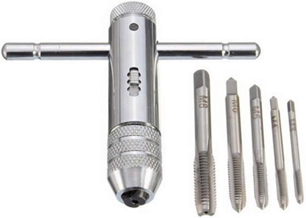 Threaded Tap Set, 5 Pieces T-Handle Ratchet Tap Holder Key T-Handle Thread Cutter M3-M8 with Sliding Handle - ShopVlot