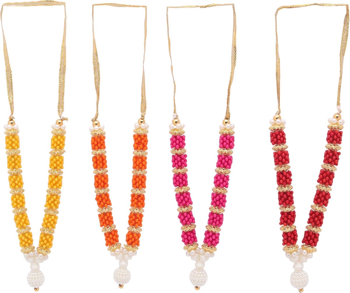 Set of 4 Mala Artificial Beads Ribbon Garland, Small Idol Mala Pooja Sringar Articles Ornament Indian Traditional - ShopVlot