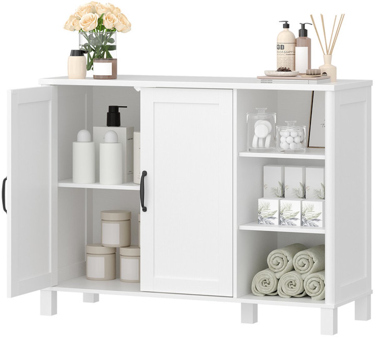 Hzuaneri Badkamerkast met twee kastdeuren, open vak, keukenkast met verstelbare planken voor badkamer, woonkamer, bijkeuken, wit