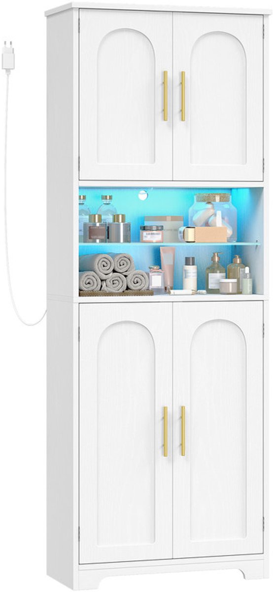 Hzuaneri Badkamerkast, hoge opbergkast met verlichting ,Staande kast met 4 deuren, verstelbare planken, vak, voor woonkamer, badkamer, 30 x 60 x 170 cm, wit