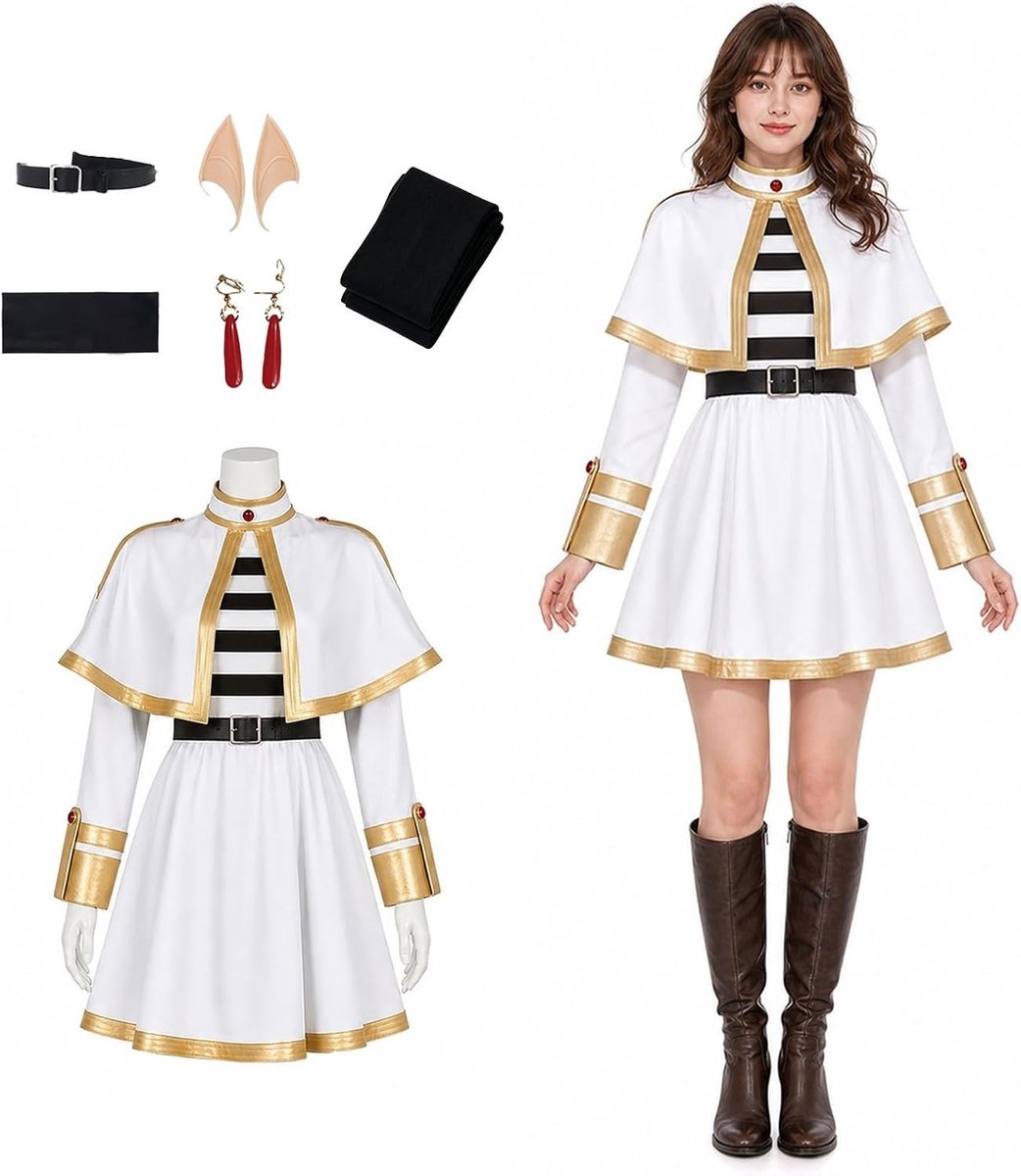 Anime kostuum voor dames, volledige cosplay set met jurk, cape, panty en elfenoren voor Halloween en carnaval, ideaal voor feestjes en verkleedpartijen