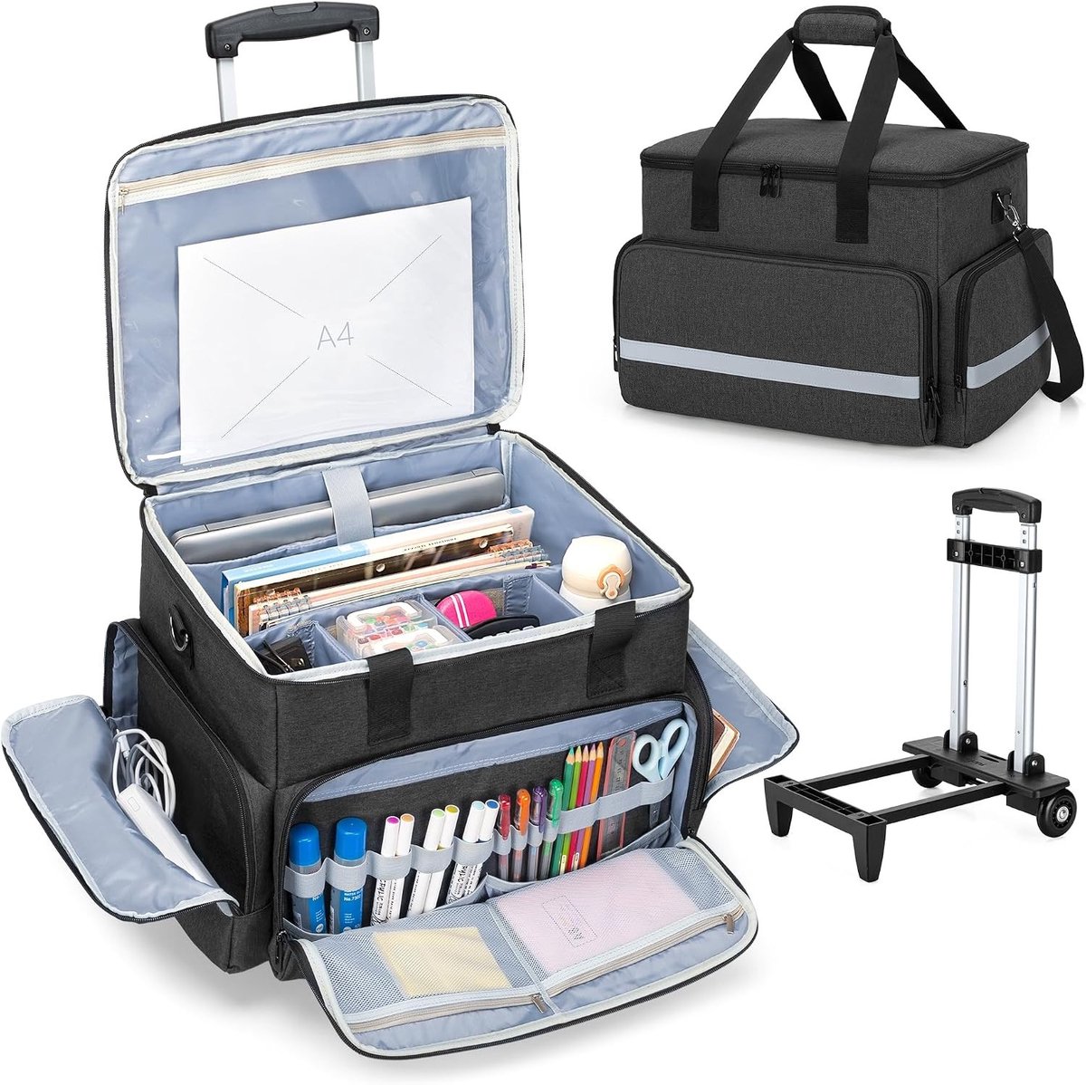 Multifunctionele Rollende Laptoptas met Gewatteerd Compartment voor 14 Inch Laptop, Ideaal voor Onderwijs, Kantoor en Creatieve Projecten, Zwart
