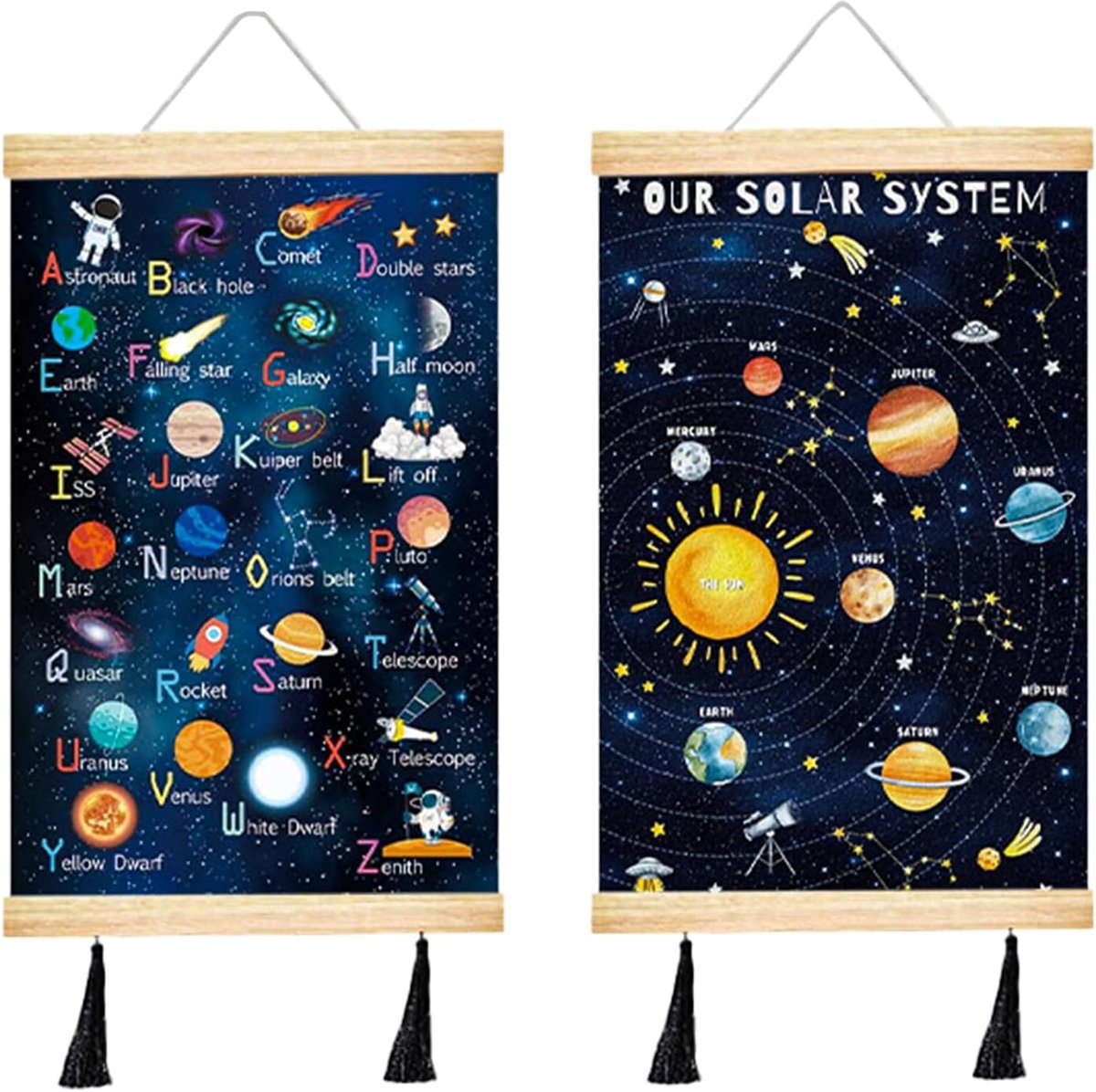 Muurdecoratie kinderkamer - zonnesysteem en letters - poster met astronauten en planeten - unieke ruimte sfeer - ShopVlot