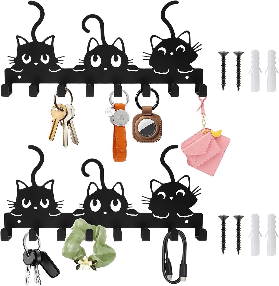 Sleutelrek met 8 haken - moderne metalen wandhouder - kat kunstpatroon - ideaal voor keuken en badkamer - ShopVlot