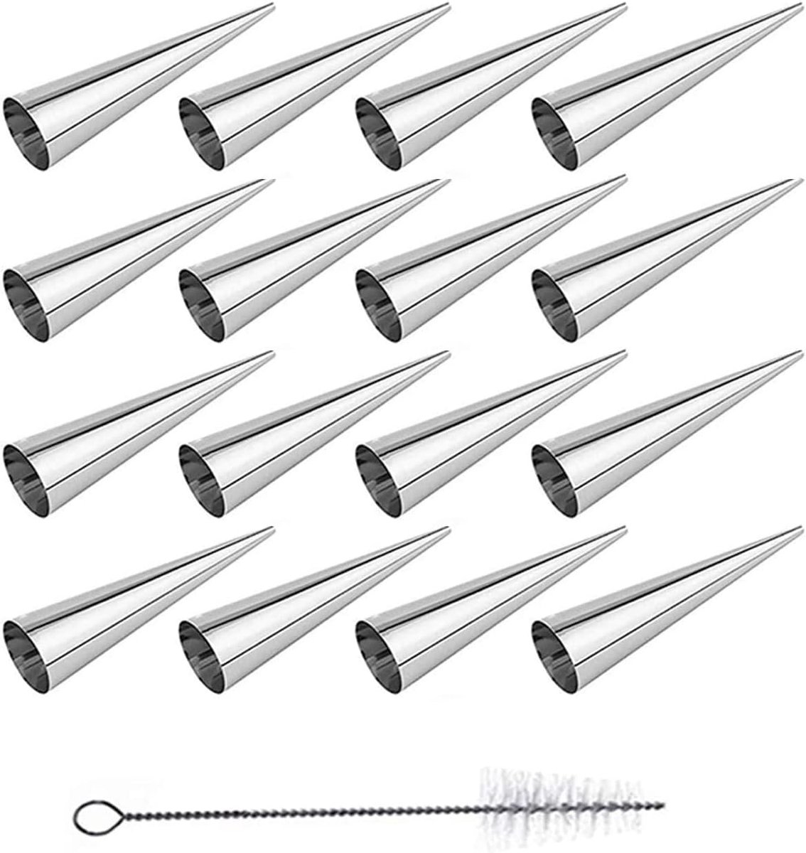Cream horn mallen 16 stuks - RVS conische bakvormen - Inclusief schoonmaakborstel - Perfect voor croissant schelpen - ShopVlot