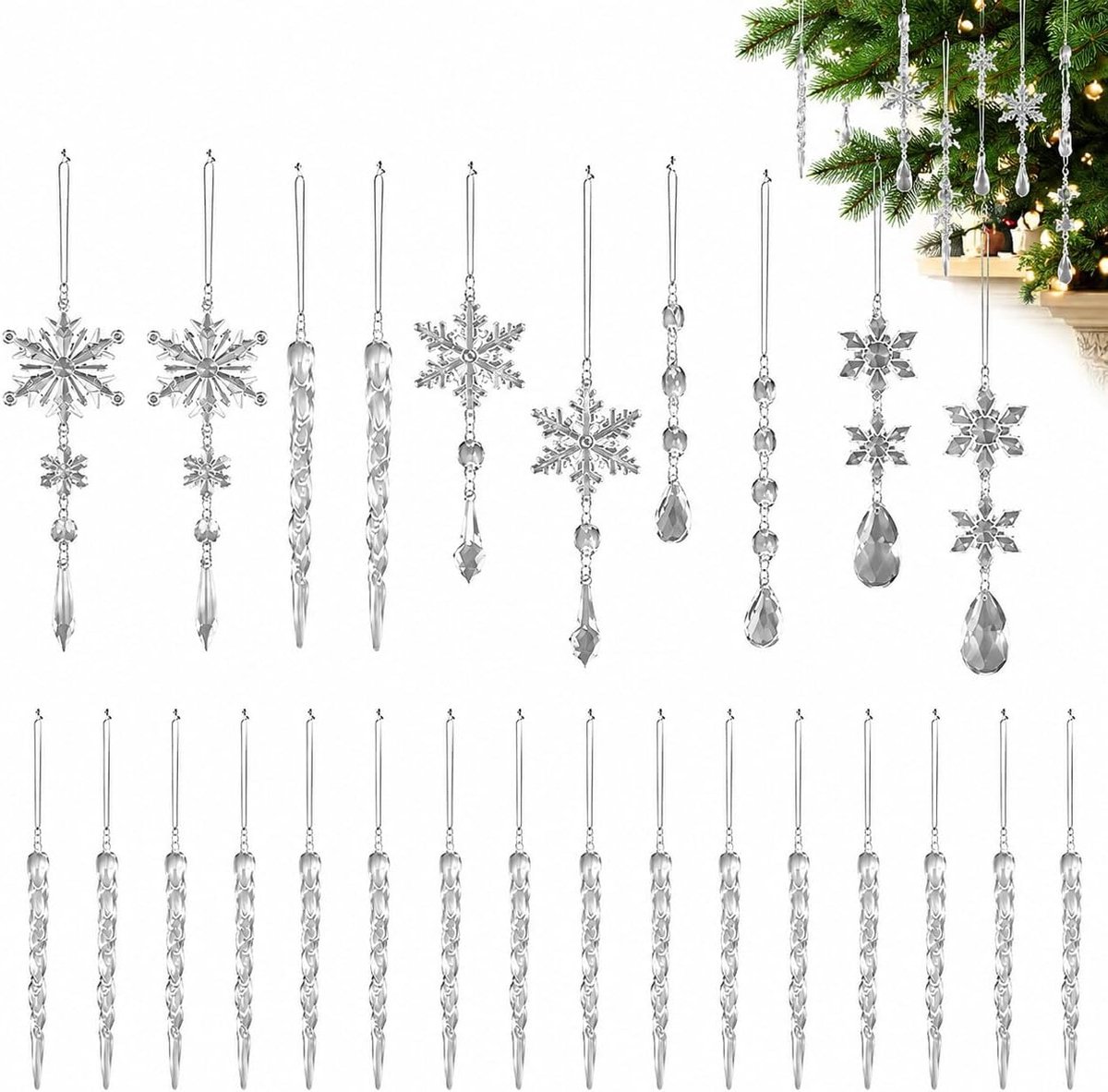 Kerstdecoratie sneeuwvlokken 22pcs - acryl icicles - met kristallijn ornamenten - perfect voor kerstversiering - ShopVlot