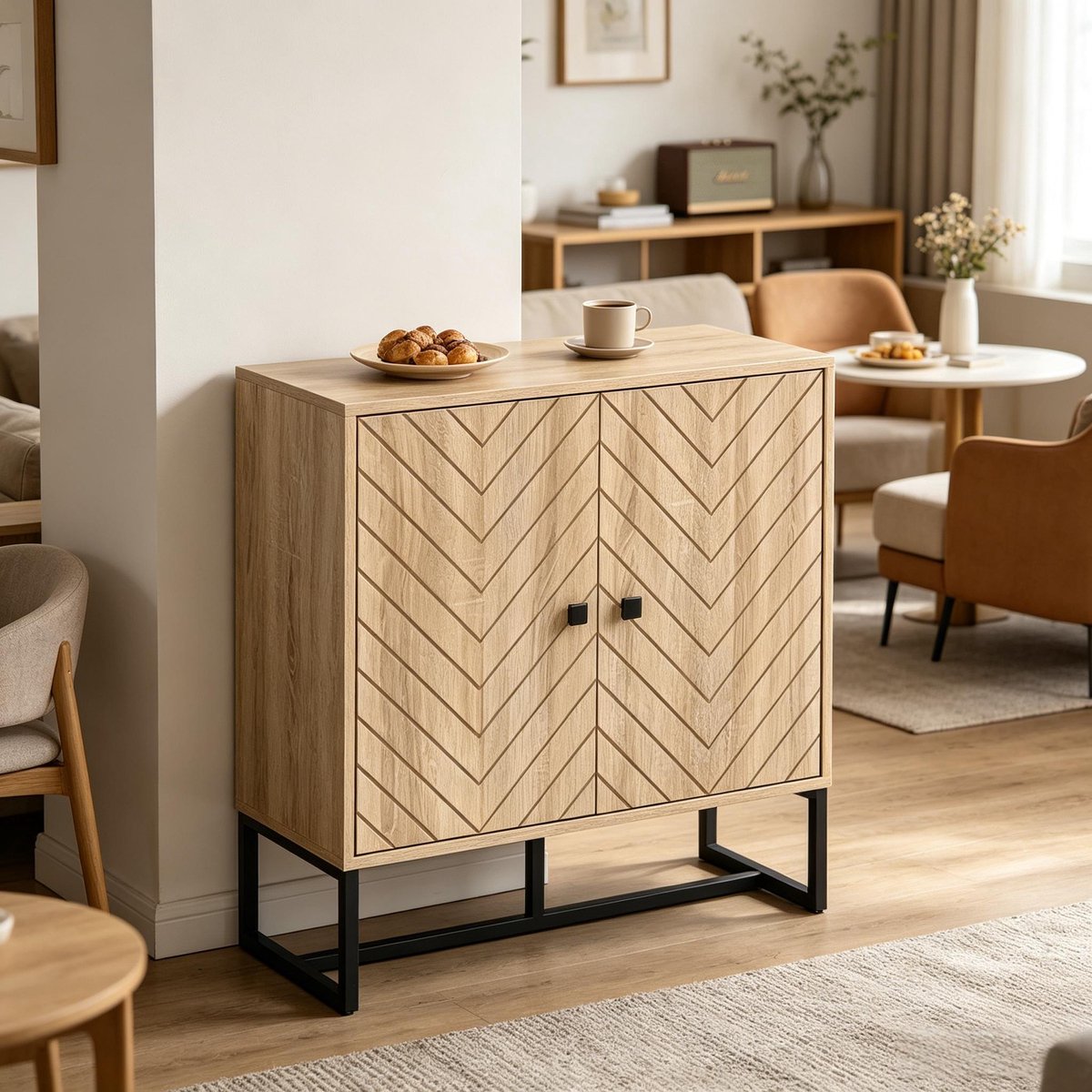 DESMIU Dressoir - Verstelbare Planken En Magnetische Deuren - Voor Hal Woonkamer En Eetkamer - Hout Metaal - 80 X 29,5 X 80 Cm - Zwart Naturel