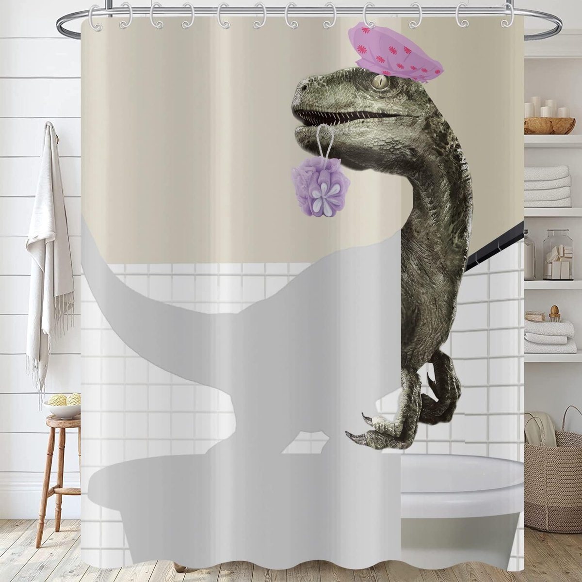 Douchegordijn Funny Dinosaur 180 x 180 - Schattig dino raptor - Waterdicht polyester - Creatieve kinderkamer - ShopVlot