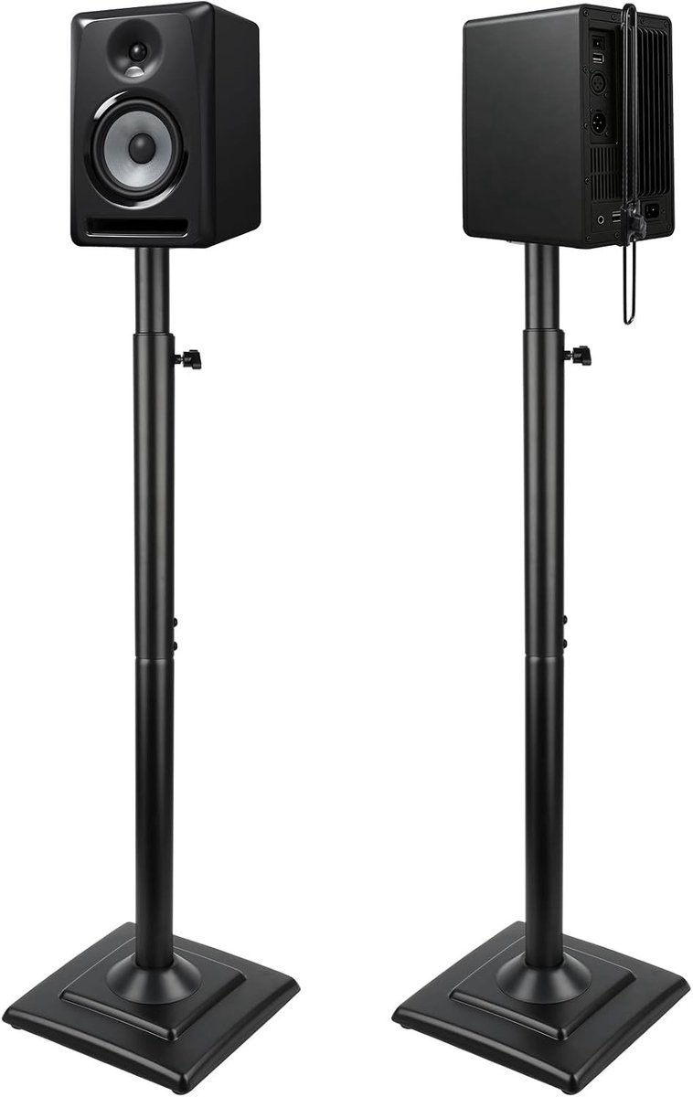 Verstelbare speakerstands van zwart staal, universele hoogte tot 106 cm, perfect voor audiofielen en thuisgebruik