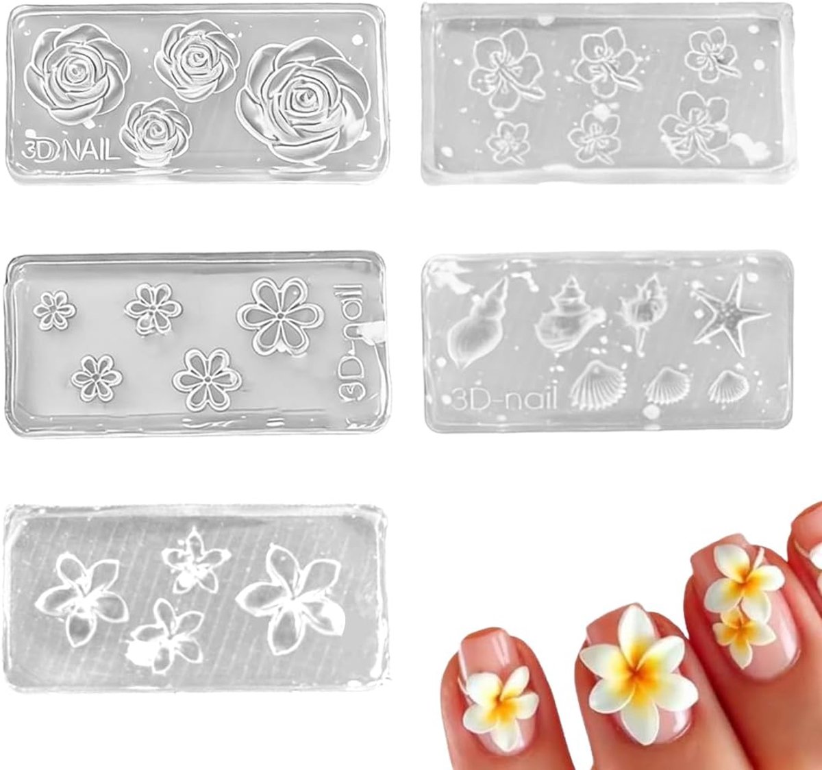 Manicure- en pedicure-decoratiesets 5 stuks - siliconen vormen - 3D-bloemenstempel - eenvoudig te gebruiken - ShopVlot