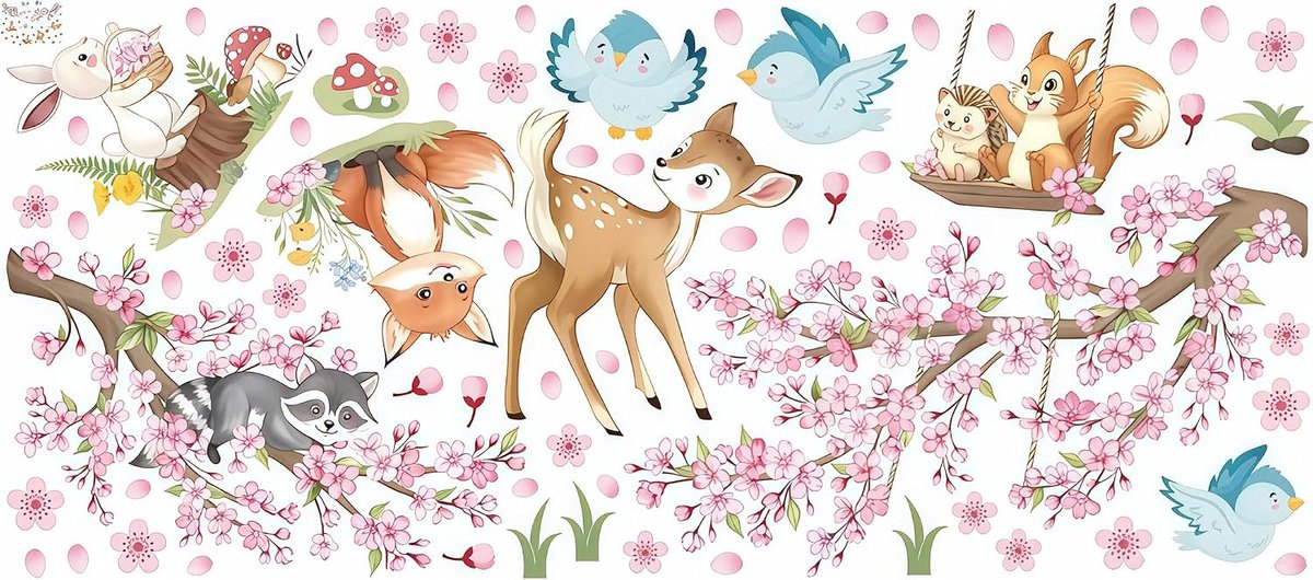 Wandsticker & Wandtattoo - Bosdieren Patroon 40x90 - Roze Kersenbloesem - Herbruikbare muurdecoratie voor meisjeskamer - ShopVlot
