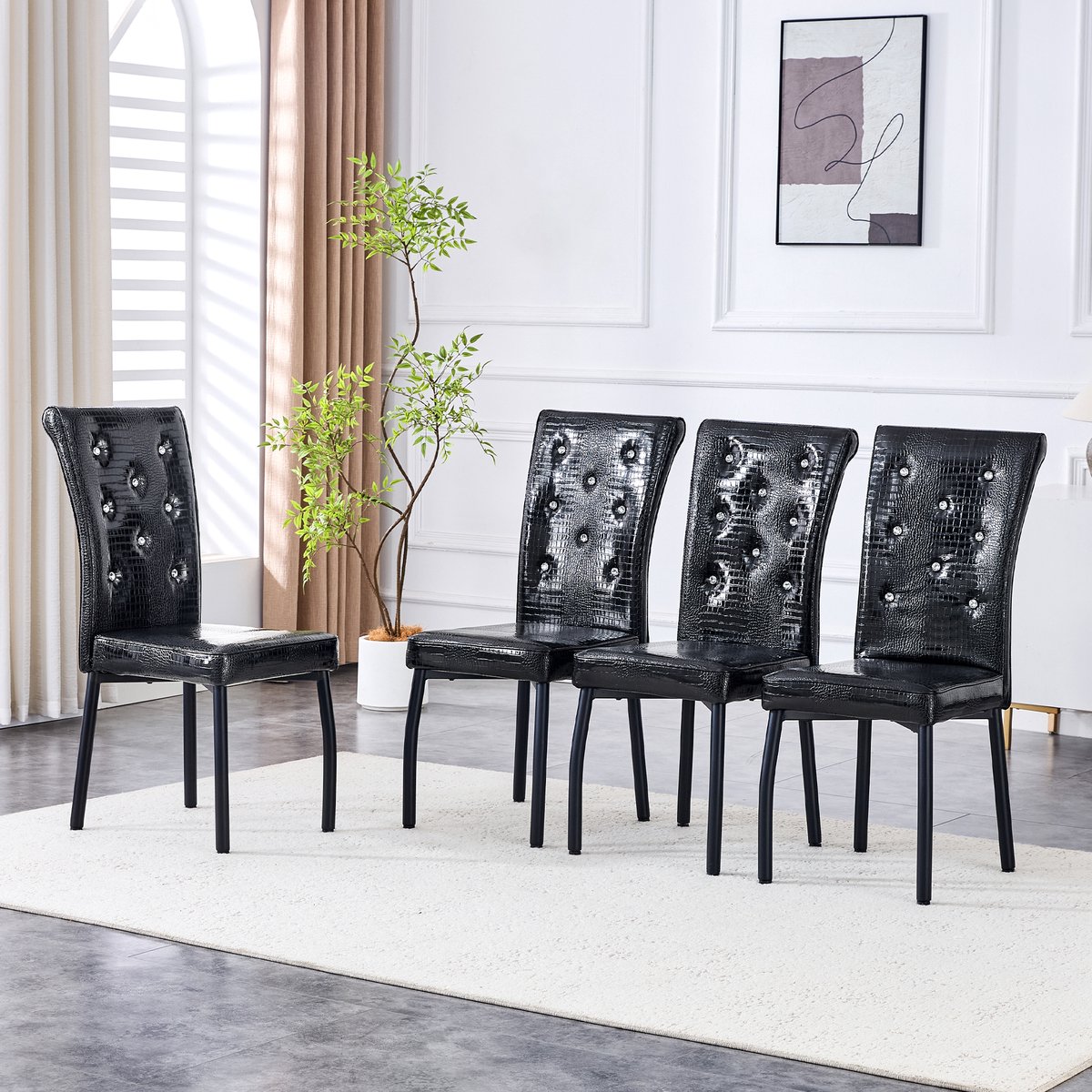 OKWISH Eetkamerstoel Set van 4 - Vintage Krokodillenleer Look - Gekapitonneerde Rugleuning en Gewatteerde Zitting - Voor Eetkamer, Keuken en Bar - Metaal en Kunstleer - Zwart