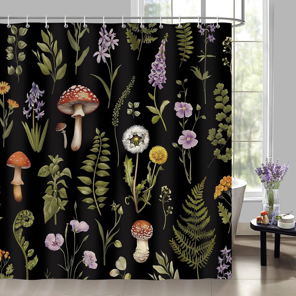 Douchegordijn Retro Bos Champignon Bloemen 182x183cm - Polyester Waterdicht - Botanische Decoratie - ShopVlot