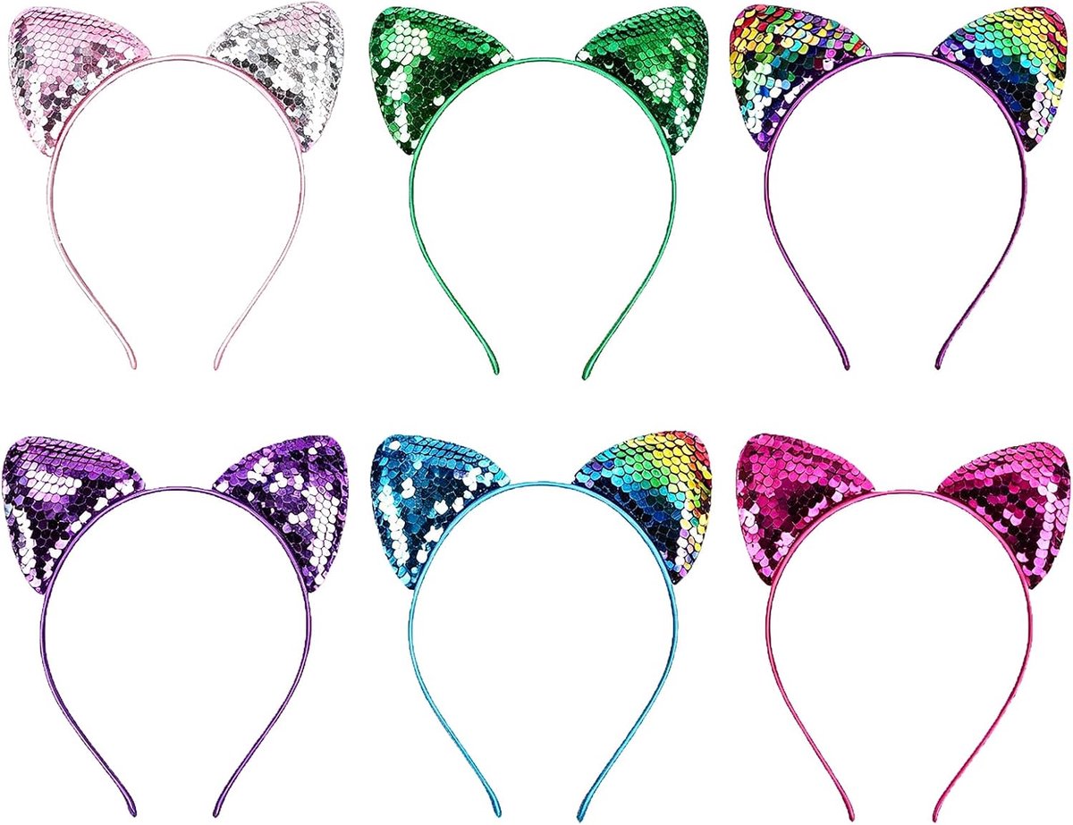 Hoofdtelefoon met kattenoren 6 stuks - omkeerbare glinsterende pailletten - haaraccessoires voor meisjes - ShopVlot