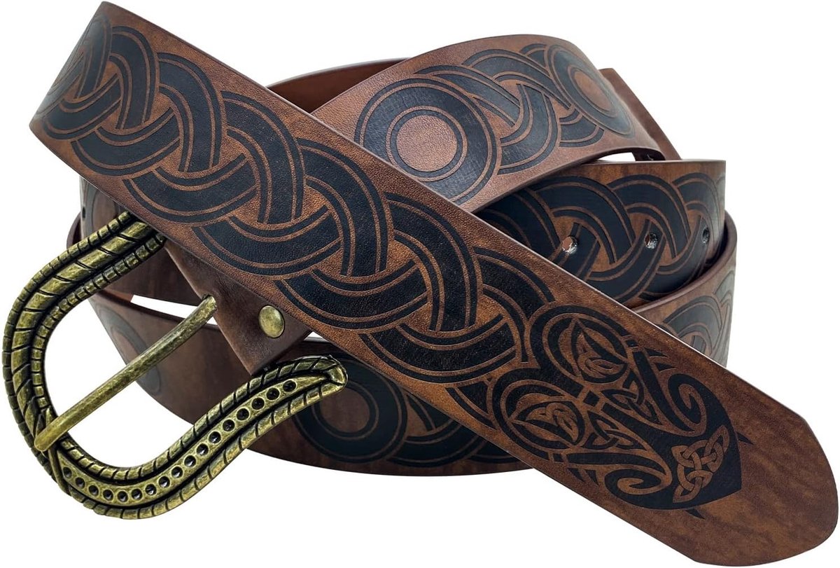 Leer riem 185cm - bruin - retro gegraveerd - ideaal voor LARP en middeleeuwse outfits - ShopVlot