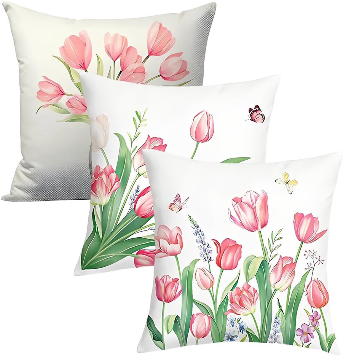 Kussenslopen set van 3 - 40 x 40 cm - polyester linnen - bloemenprint voor lente sfeer - ShopVlot