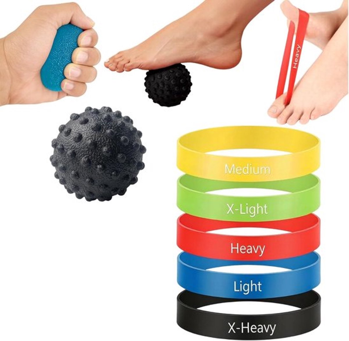 Thijox - 7-delige Handtrainer Vingertrainer Set - 5 Weerstandsbanden + Eivormige Grijpballen + Massagebal - Grijpkracht Trainer voor Polsversterking,