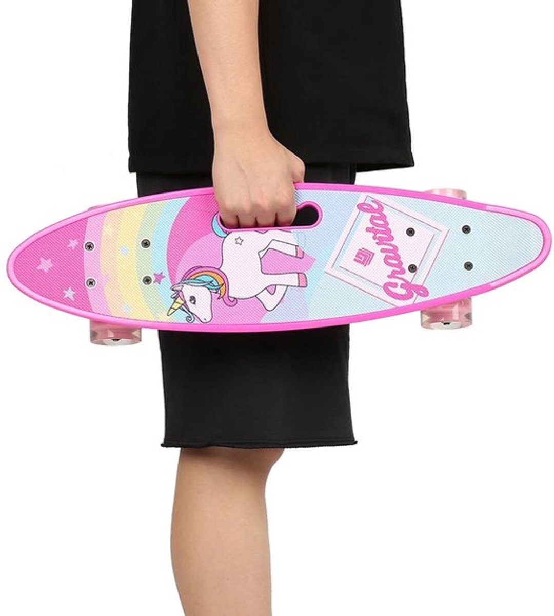 Skateboard met eenhoornpatroon, 59 x 15 cm, lichtgevende wielen, draagvermogen 150 kg, kinderskateboard, roze