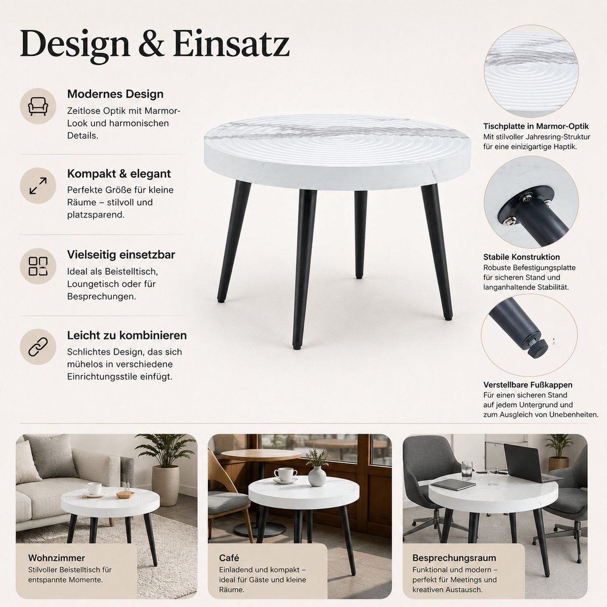 Bijzettafel 60x60x37 cm - Ronde Tafel Met Marmerlook En Houtnerf Rillen, Verstelbare Metal Voet - Wit