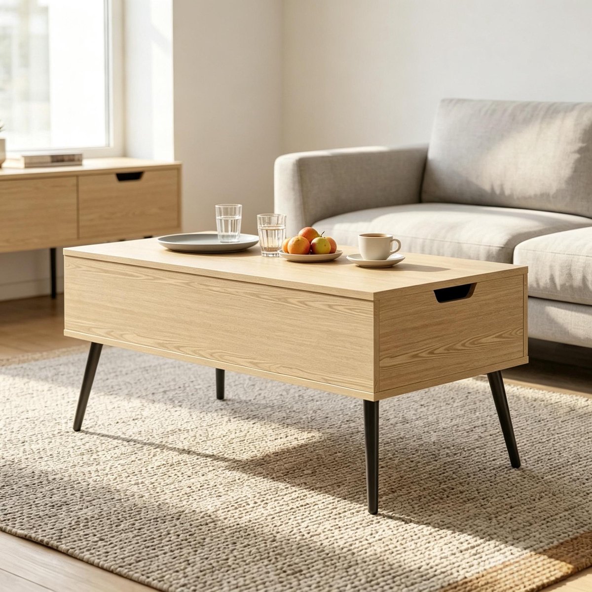 Multifunctionele Salontafel 100x50 cm - Hoogteverstelbare Tafel Met Opbergruimte En Hijsmechanisme - Zwart Natuur