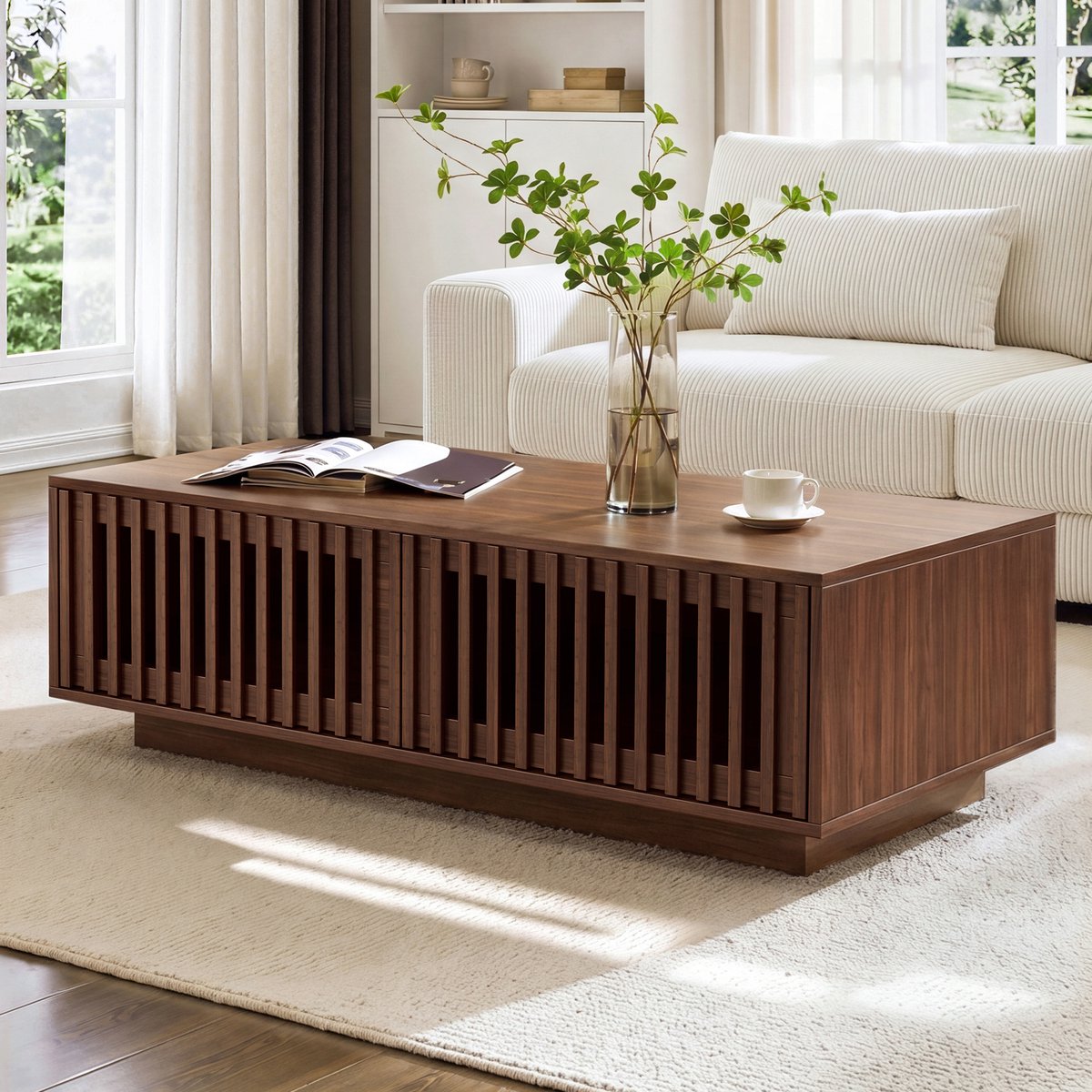 Salontafel 100x50x35 cm - Houten Couchtisch Met 2 Gitterdeuren En Opbergruimte Walnoot