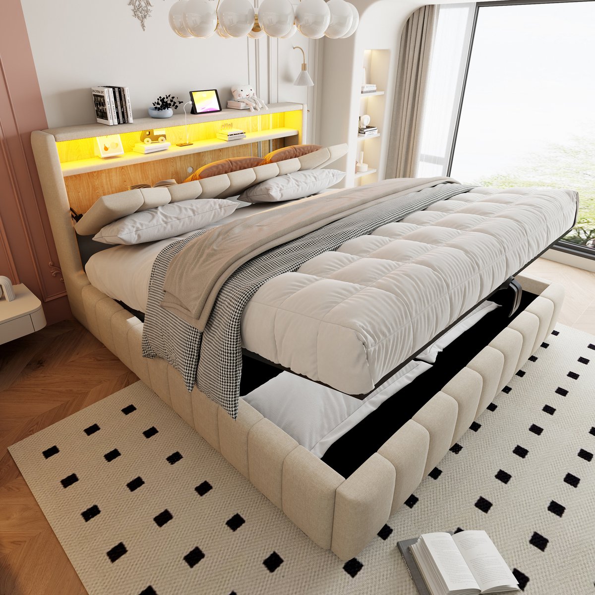 Opbergbed 180x200 cm - Gestoffeerd Bed Met Hydraulisch Systeem, LED Verlichting En USB-C - Linnen Beige