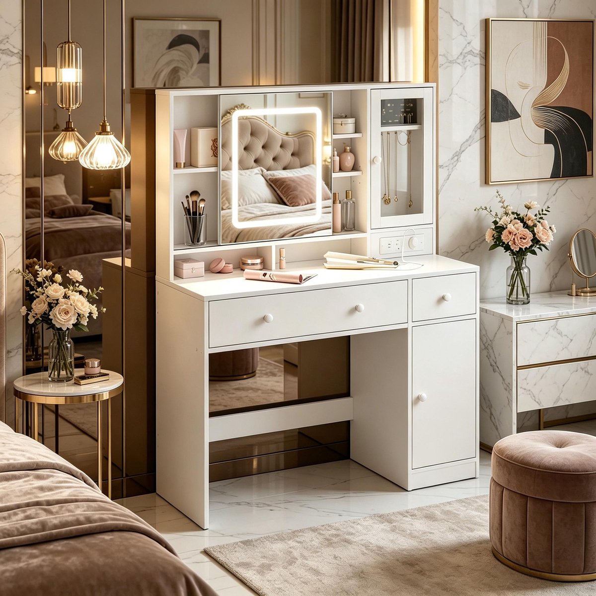 Kaptafel Met LED Spiegel - Witte Make Up Tafel Met Stopcontact En Opbergruimte - Moderne Dressingtafel Met Laden