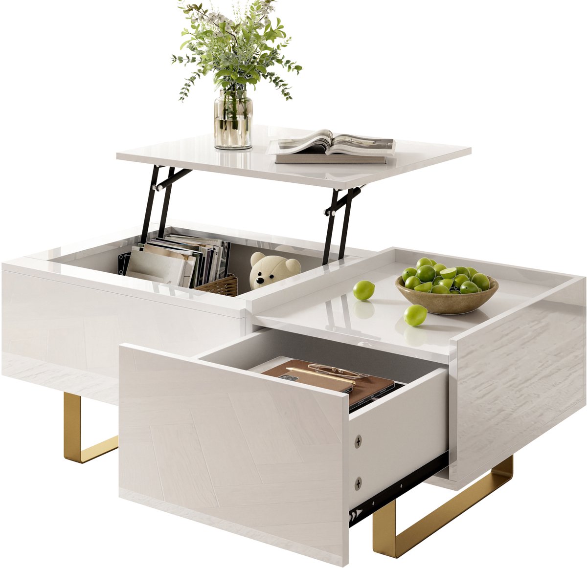 Hoogglans Salontafel 100x50 cm - MDF Tafel Met In hoogte Verstelbaar Blad, Schuiflade En Gouden Onderstel Wit