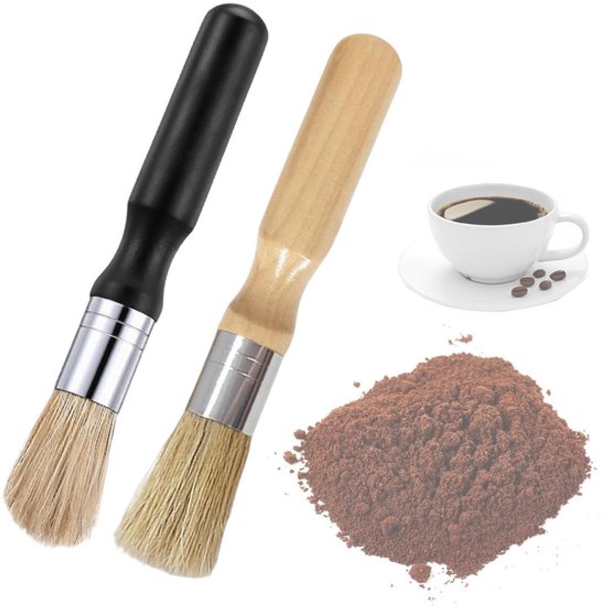 Koffieborstel - 2 Stuks - Varkenshaar/Rubberhout - Antislip Handvat - Ergonomisch - Effectief Reinigingsgereedschap - Reinigingsborstel
