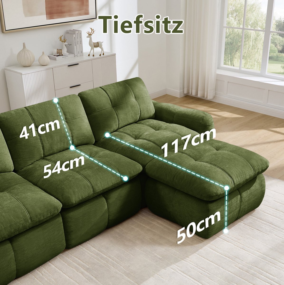 OKWISH Hoekbank 3 Zits L Vormig Modulair Zonder Frame Met Ottoman Zachte Chenille En Wolkachtig Zitcomfort Voor Woonkamer En Appartement Groen