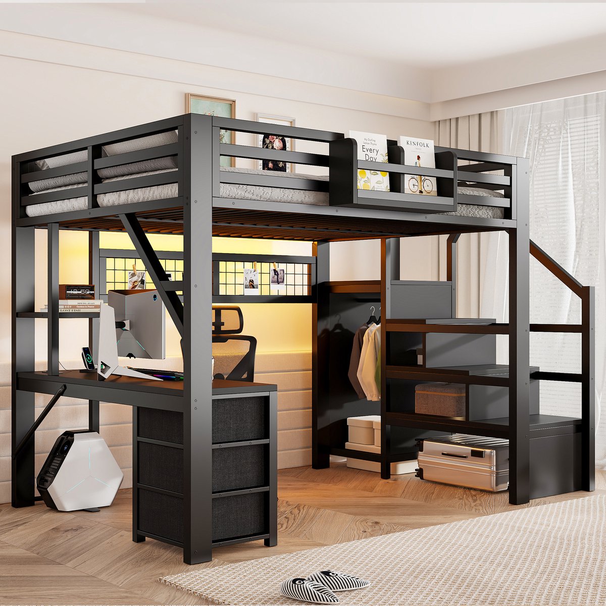 Hoogslapersbed 140x200 cm - Metaal Bed Met Bureau, 3 Laden, Kast En LED Verlichting Zwart