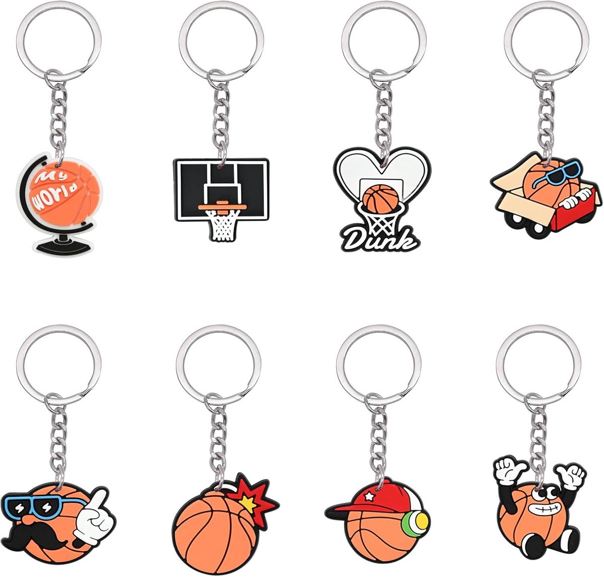 basketbalsleutelhangerset 8 stuks - mini-sport sleutelhangers - verschillende basketbalmotieven - ideaal voor kinderen - ShopVlot
