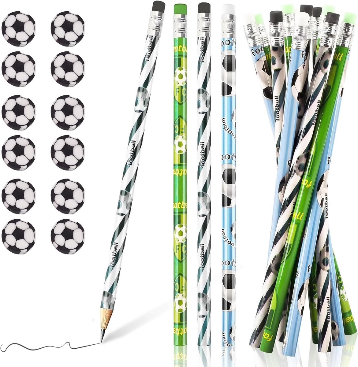Voetbal gadgets voor kinderen - 24 stuks - 12 potloden en 12 gummen - ideaal voor voetbalthema verjaardagen - ShopVlot
