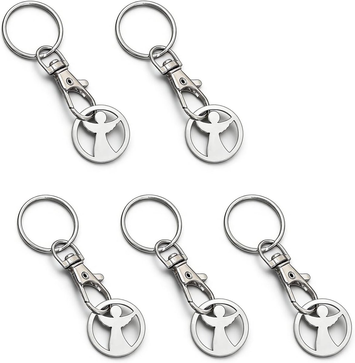 Sleutelhanger met vijf identieke engelmotieven van metaal met karabijnhaak, sleutelhanger met vijf engelmotieven met - ShopVlot